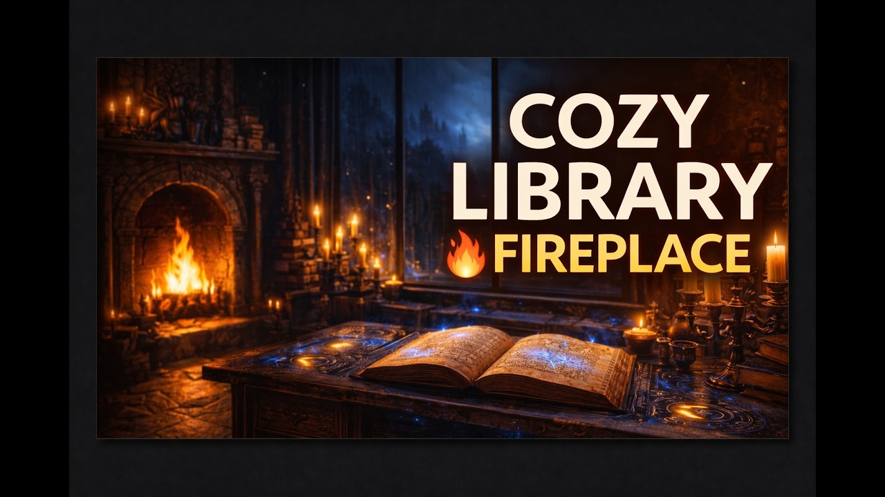 Cozy Fireplace Library 🔥 1 Hour of Dark Cozy Fantasy Study Ambience (Relaxing Piano & Fire Sounds)