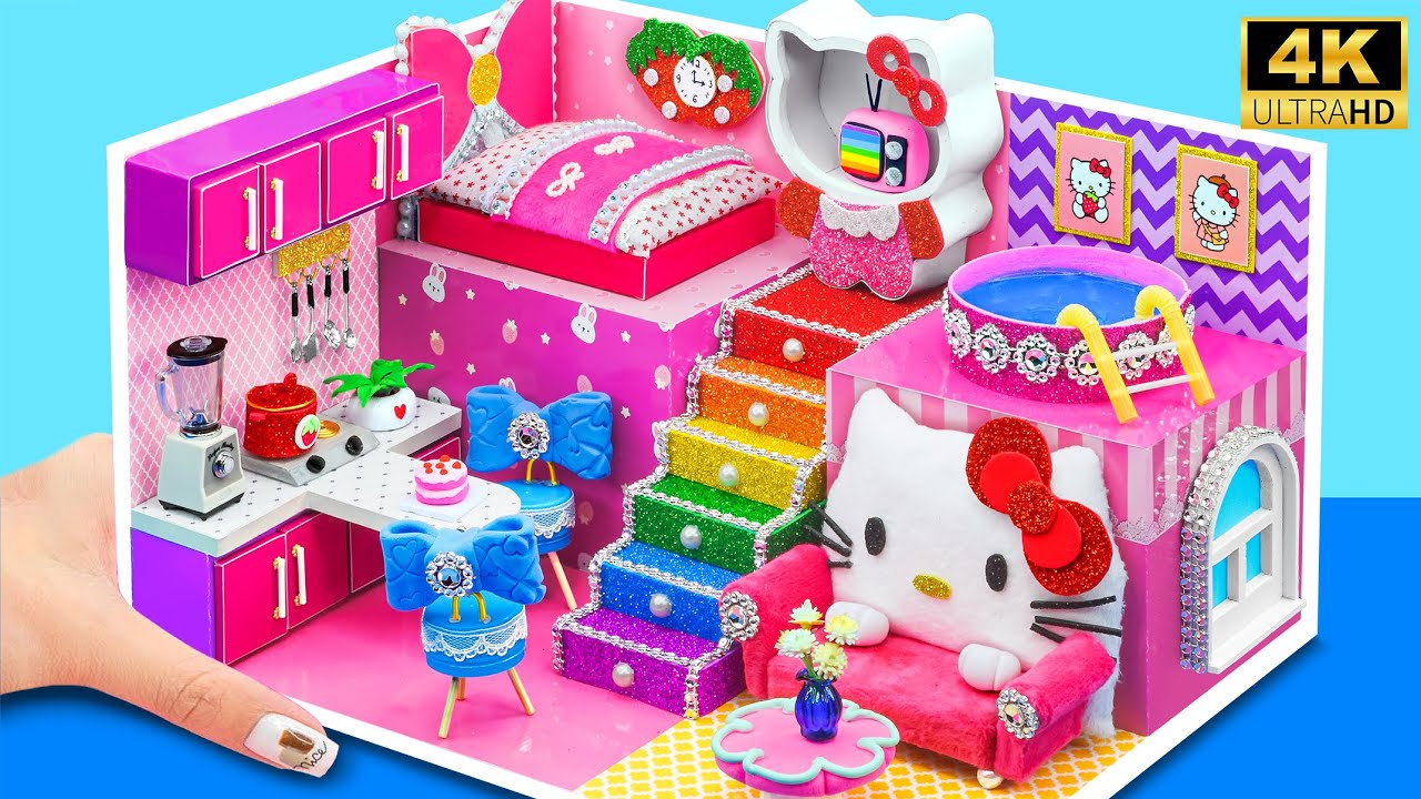 DIY HELLO KITTY House: Pink, Adorable, and Rainbow Staircase Included! | Miniature World