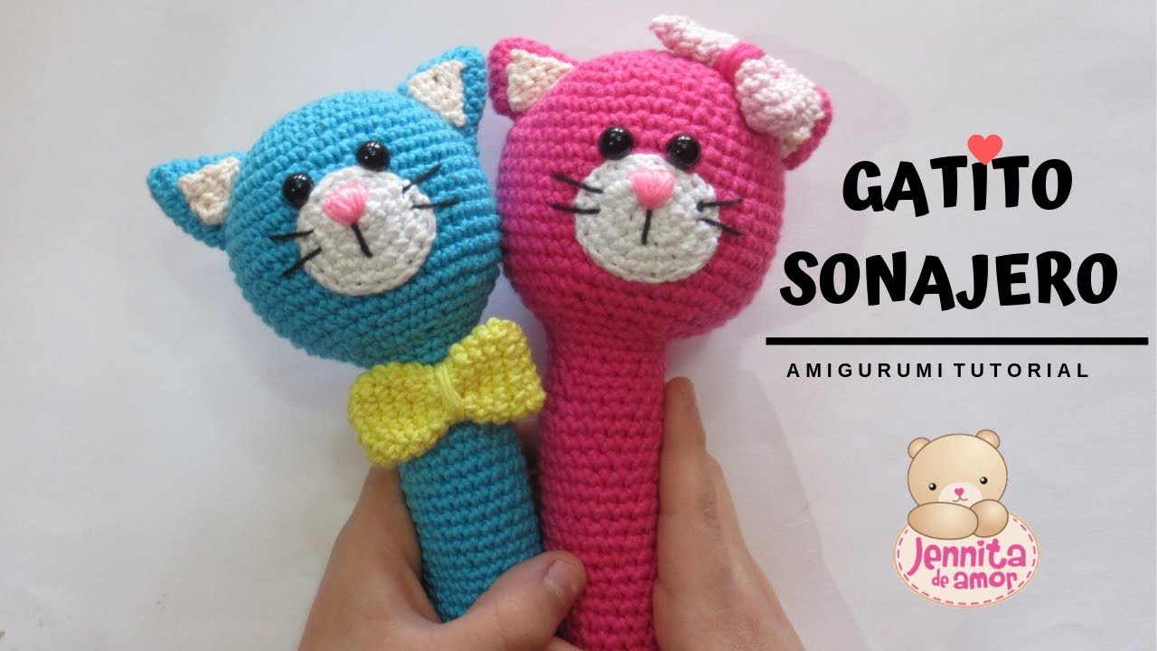 GATITO SONAJERO BEBE Amigurumi Tutorial Crochet nivel Básico (Patrón en Descripción)