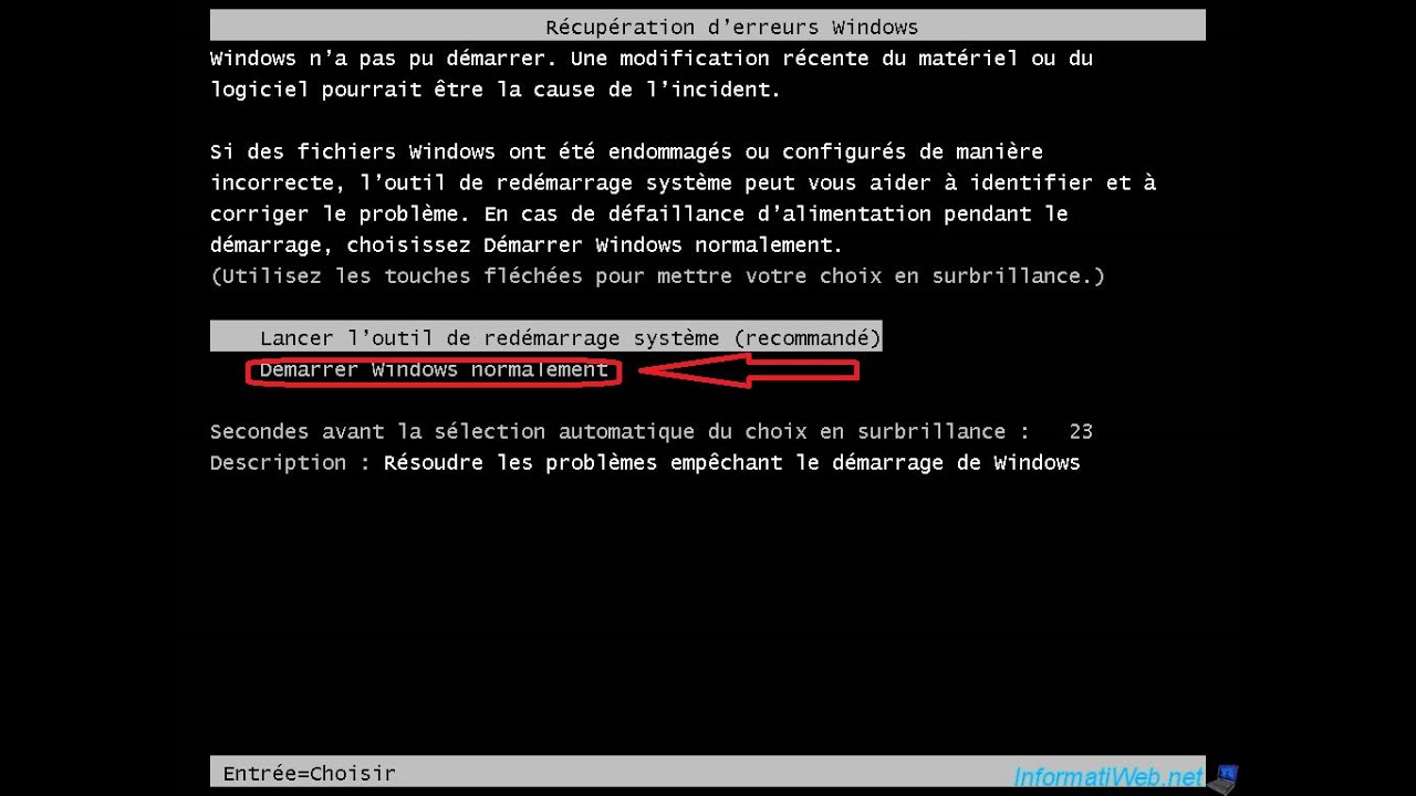 إصلاح الخطأ عند بدء تشغيل Windows بشكل طبيعي Réparer erreur démarrer Windows normalement