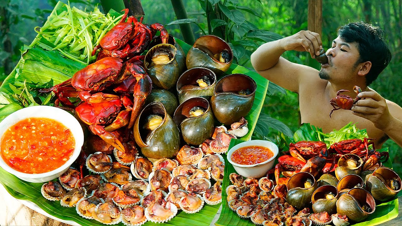Spicy Sauce Crabs, Snails, Clams ASMR Eating In Forest | Cooking Snails Crabs Clams With Hot Sauce.