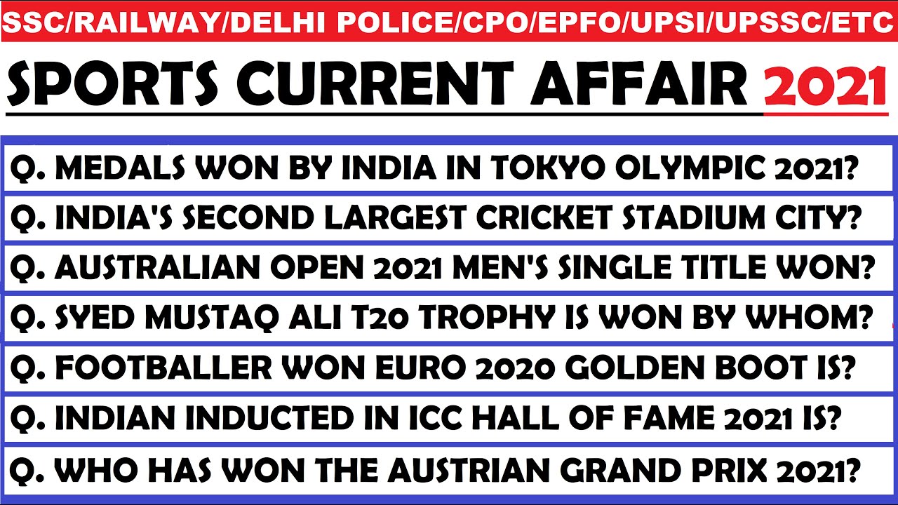 Sports Current Affairs 2021 | Sports related Important Questions | Sport Ques | Current Affair 2021|