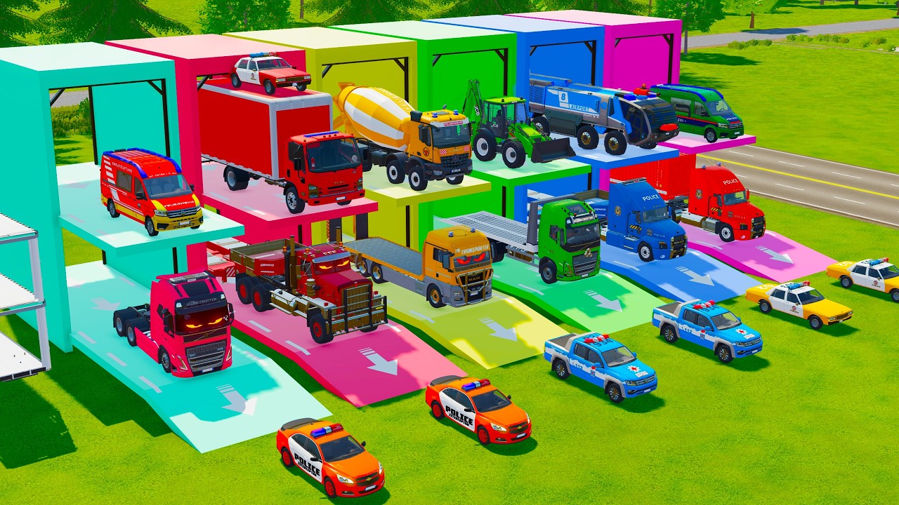 ALL EMERGENCY VEHICLES, FIRE ENGINE, BOX TRUCK, BACKHOE LOADER TRANSPORT TO GARAGE - FS22