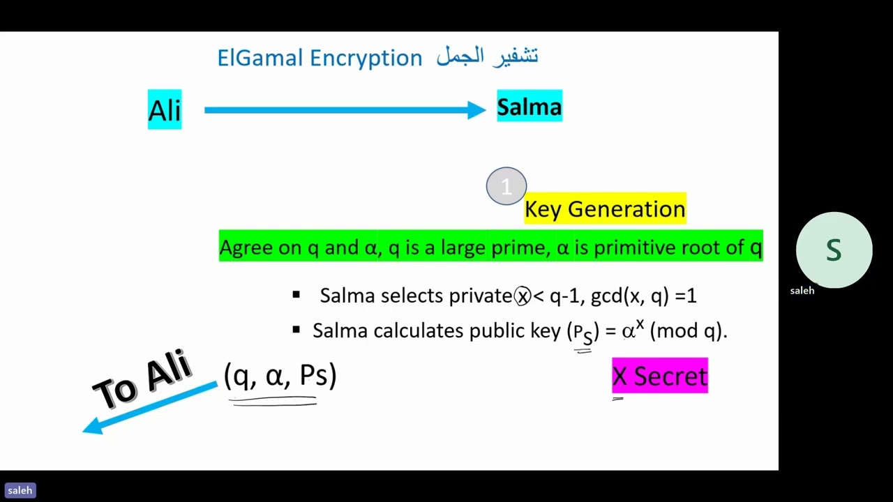 [In Arabic] ElGamal Encryption  with example   تشفير الجمل مع مثال