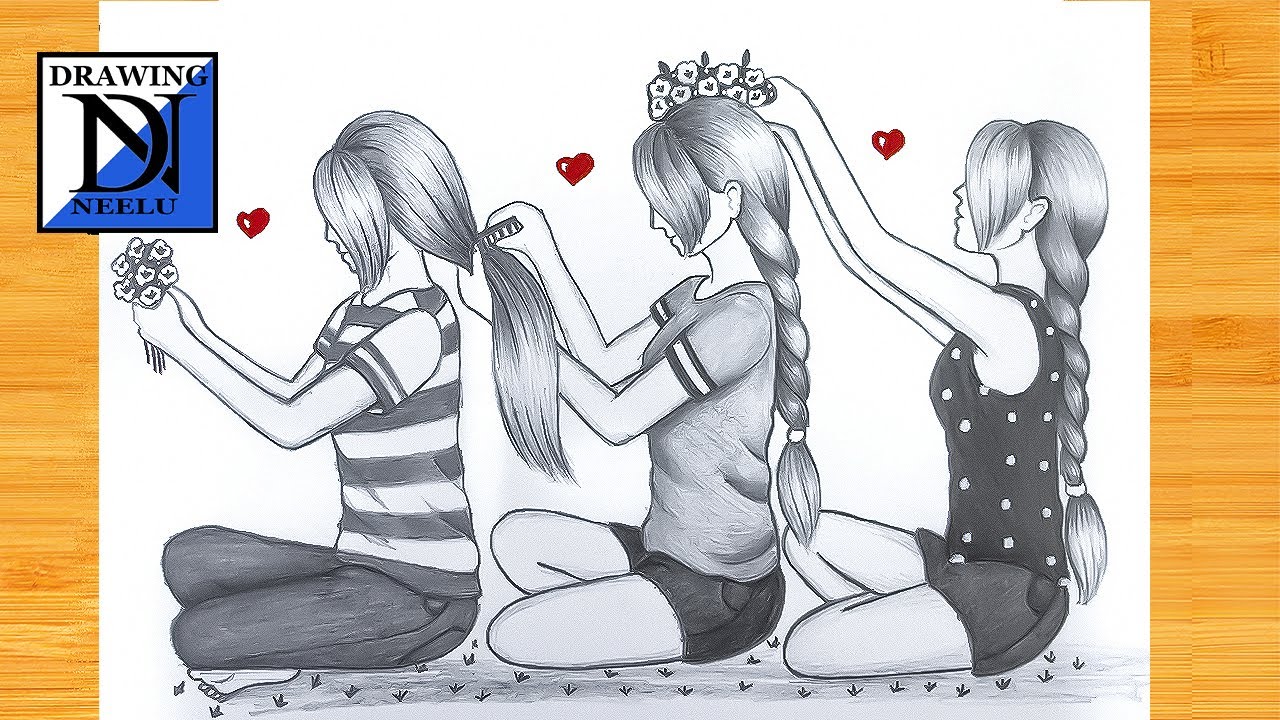 How to draw 3 Girls Best Friends -Tutorial drawing || Pencil art for beginners || Friendship drawing