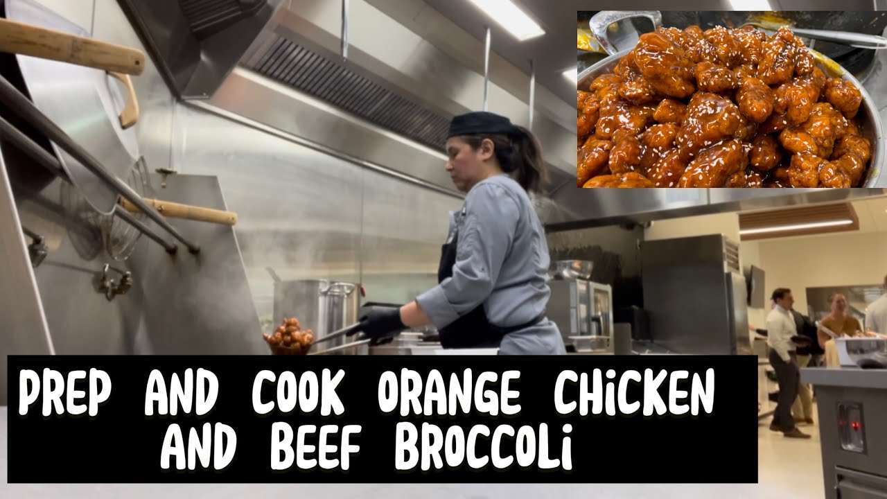 Prep, cook and serve orange chicken and beef broccoli, working with wok