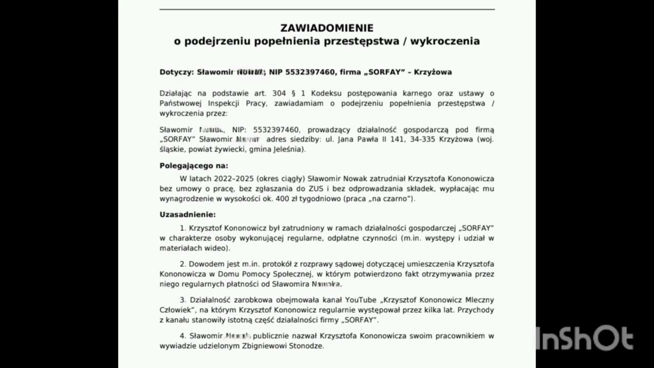 Zawiadomienie US,PiP, ZUS na firmę Sorfay 