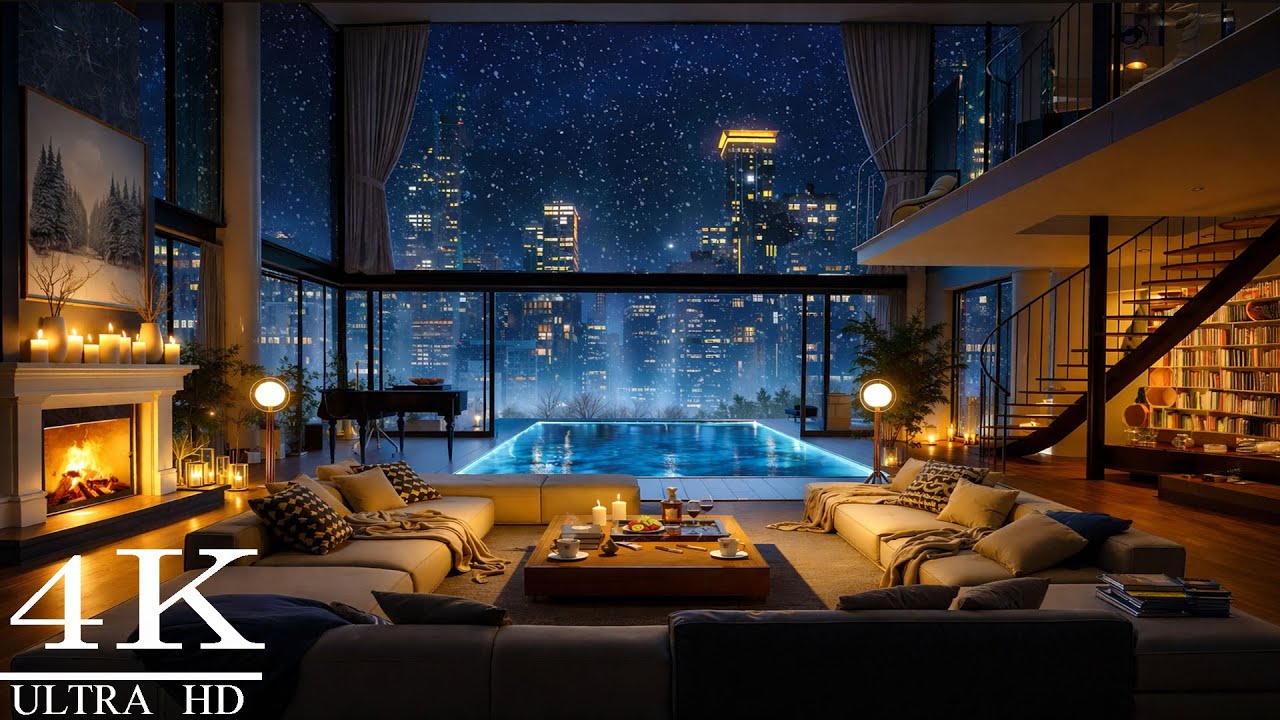 Calm Night Jazz for Working in a Luxury Winter Apartment ⛄ | Ambience for Deep Work & Study | 4K