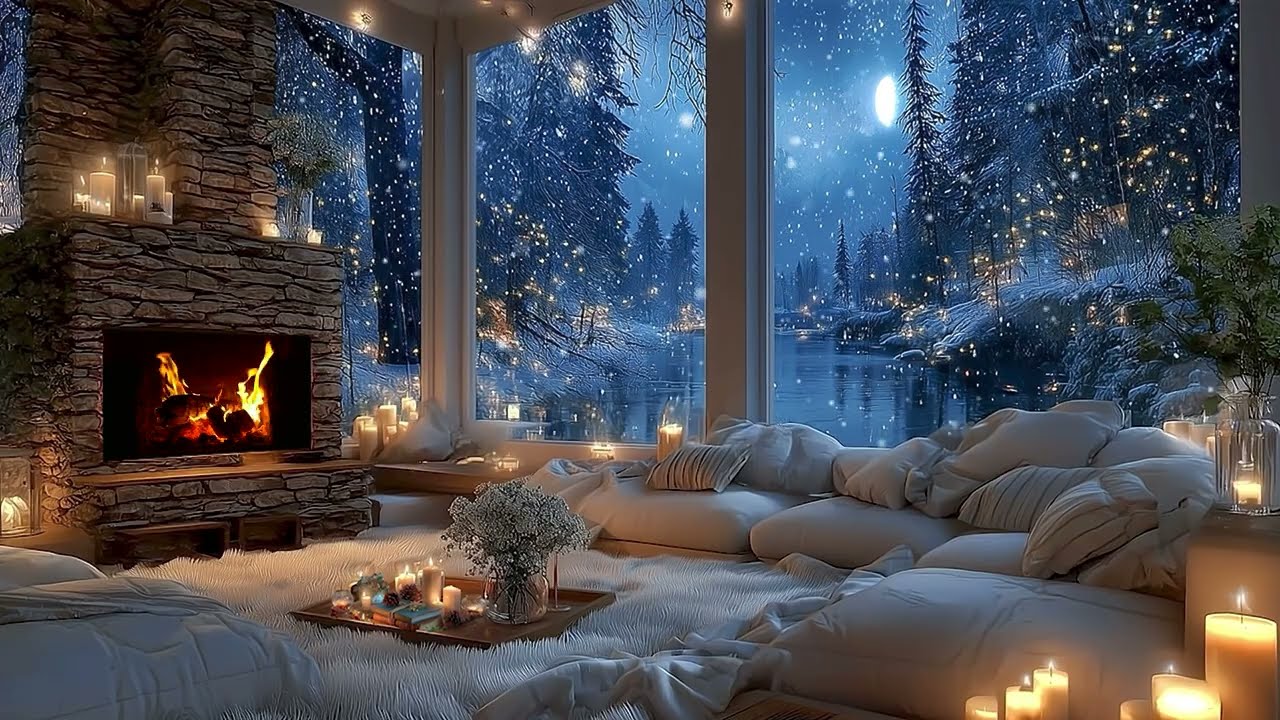 Moonlit Fireplace Piano 🌙 Cozy Winter Night with Candles & Snow | Sleep Music