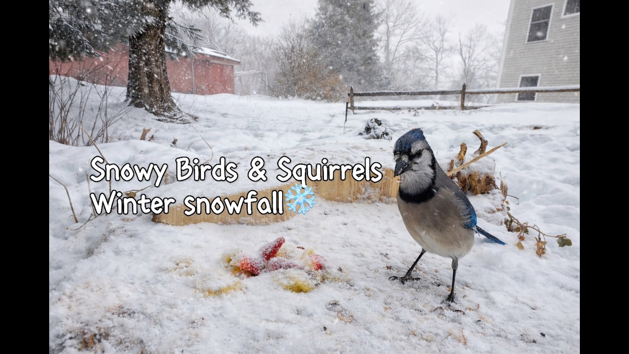 Quiet Winter Visitors ❄️ Birds & Squirrels in Falling Snow