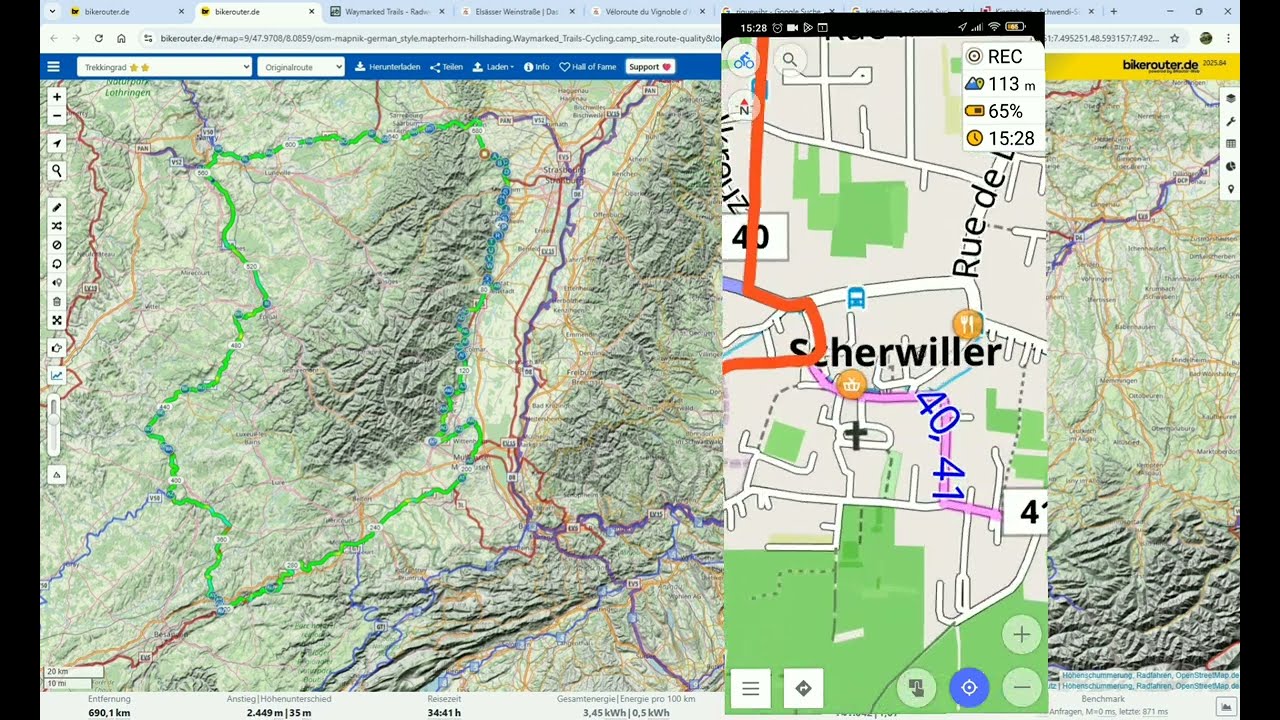 GRATIS - Radreise/Routenplanung mit Bikerouter und Osmand - nicht Komoot - um die Vogesen/Elsass 