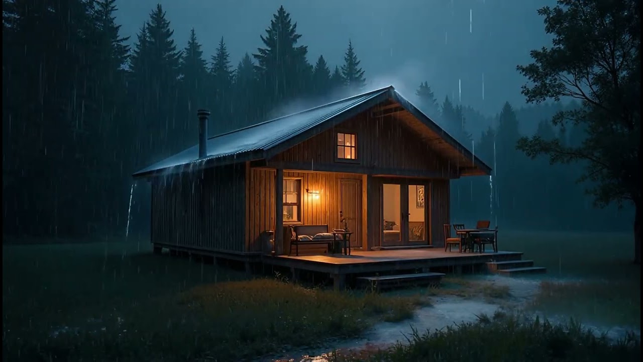 Cozy Cabin Rain at Night Crickets & Gentle Thunder ASMR for Sleep