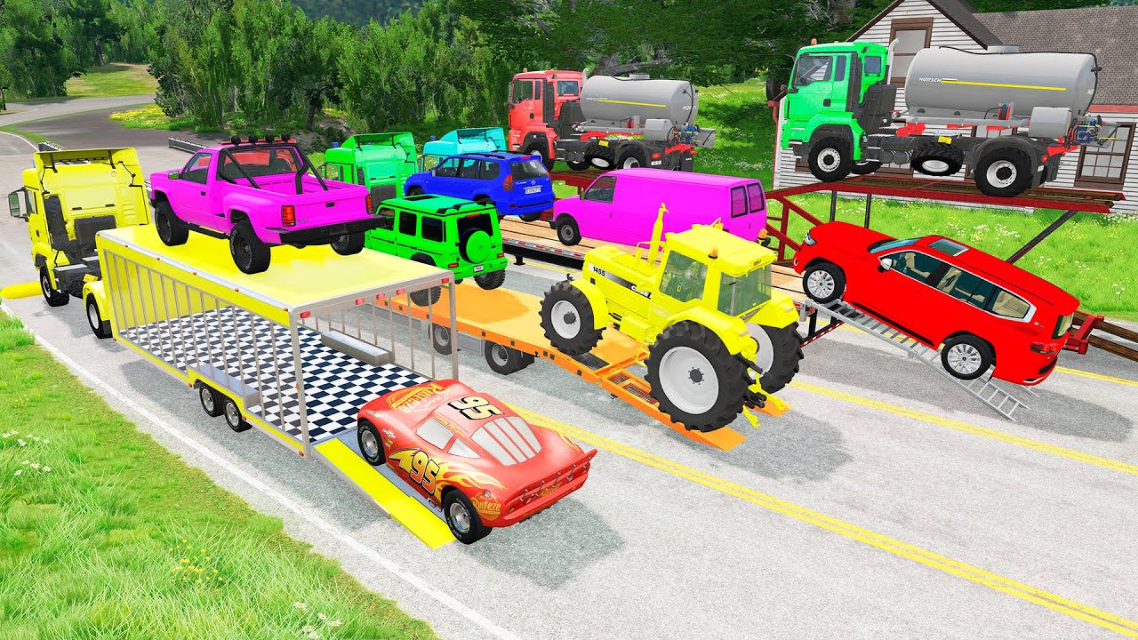 Flatbed Truck Mcqueen | Transportation with Truck - Pothole vs Car #11 - BeamNG.Drive