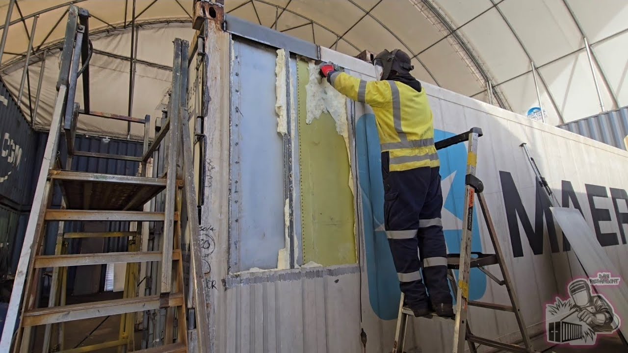 J-bar inserts and patching of welded and riveted panels. Refrigerated shipping container repair.