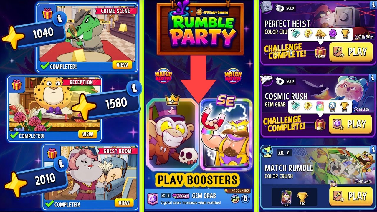 3 STORY Complete/(PARTY+1 Rumble 2 Solo) Color Crush+Mushrooms 🍄/ Gem Grab+Blow'Em Up 