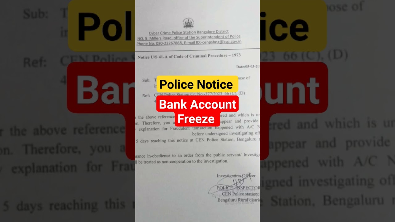 Bank Account Freeze Police Notice #bankaccountfreeze #cybercrimecomplaint #cyberpolice
