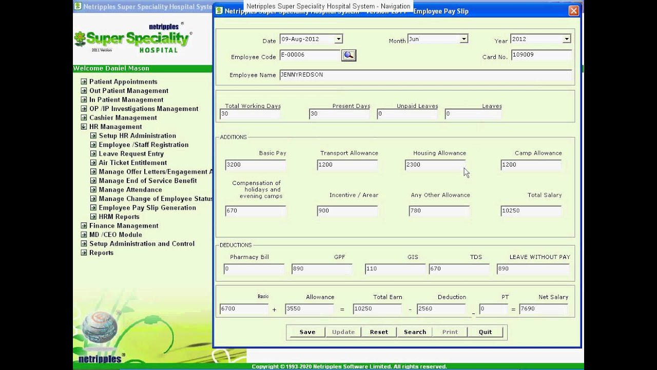 Generate Staff or  Employee Salary or Pay Slip, Super Specialty Hospital System