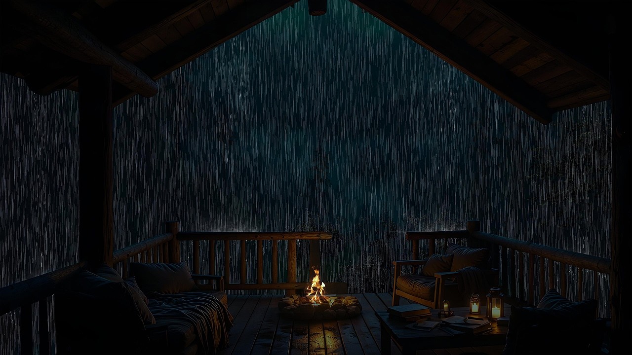 Relaxing Rain Ambience in a Quiet Dark Forest Cabin with Fireplace Sounds for Study