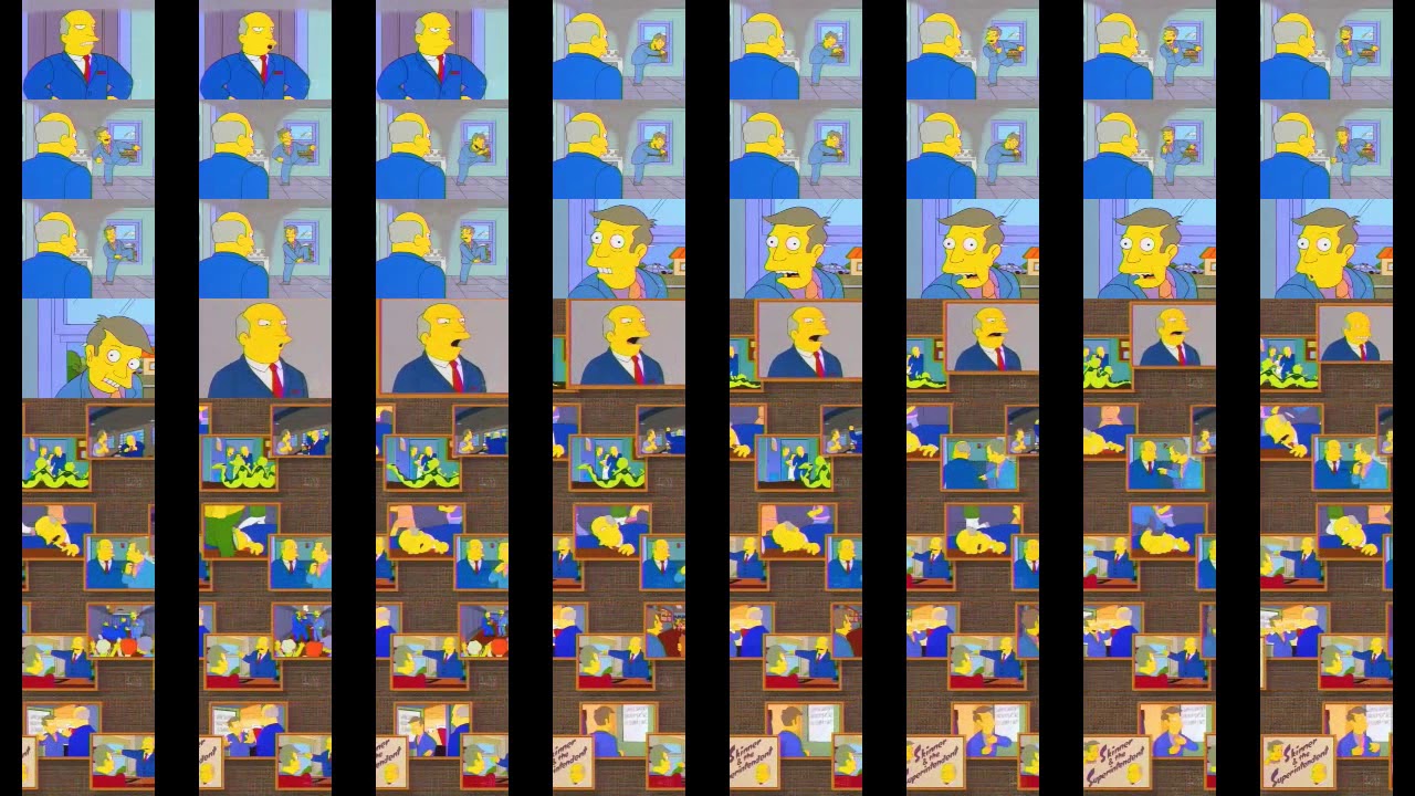 Steamed Hams but it's played 64 times at 64 speeds in an 8x8 grid