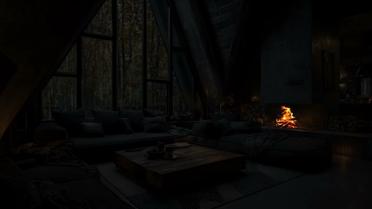 Watching Forest Rain | Warm Indoor Hearth Setting with Gentle Rain Moving Across Woodland