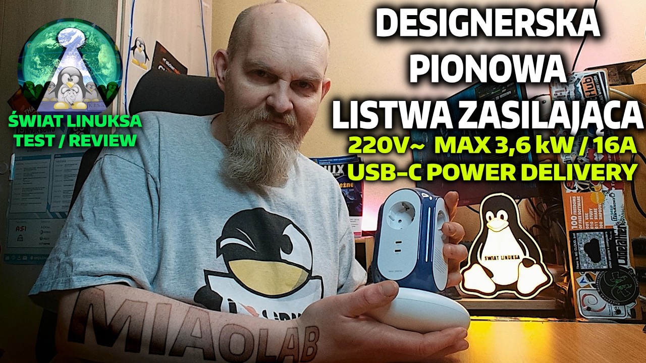 Designerska PIONOWA listwa zasilająca z Power Delivery i ochroną o MiaoLAB  XPC007 EU zasila Linuxa