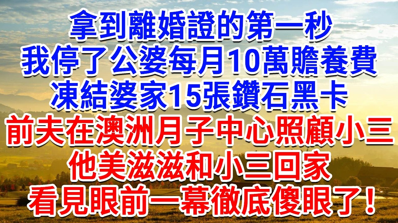 拿到離婚證的第一秒，我停了公婆每月10萬贍養費，凍結婆家15張鑽石黑卡，前夫在澳洲月子中心照顧小三， 他美滋滋和小三回家，看見眼前一幕徹底傻眼了！#生活經驗#情感故事#故事#小說#戀愛#情感#婚姻