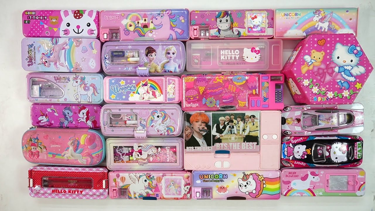 cute unicorn stationery collection 😁 geometry,unicorn,pencil box,sharpener,eraser,hello kitty