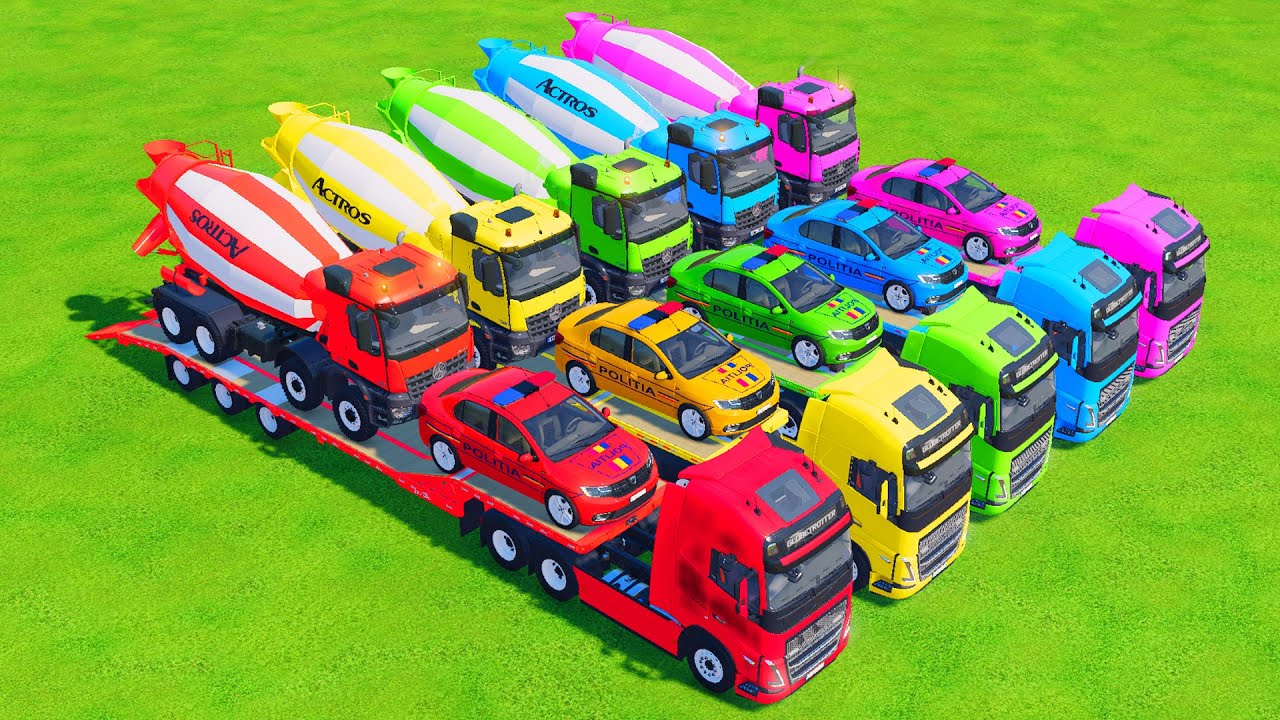 Garage with Colors - ALL MIXER TRUCK WITH DOUBLE FLATBED TRAILER TRUCK, MACK, MERCEDES, TATRA - FS22