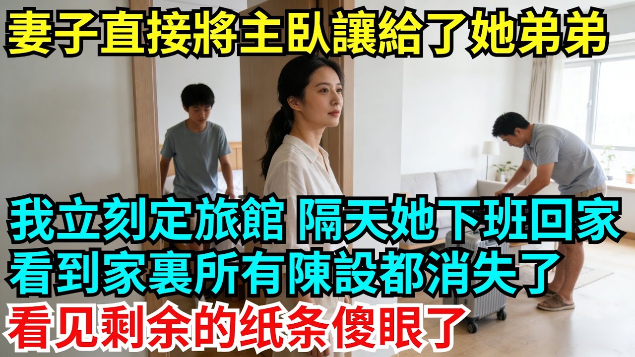 妻子直接將主臥讓給了她弟弟，我立刻定了旅館，隔天她下班回家，看到家裏所有陳設都消失了，只剩一張紙條：房子我賣了，東西我搬走了!#完結故事#情感故事#爽文#婆媳關系#女頻小說#爽文#故事頻道#故事分享