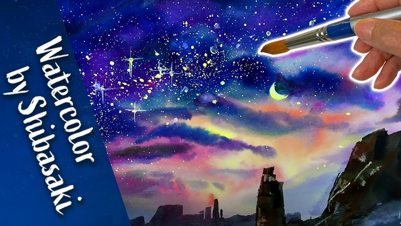 Watercolor Starry Night Demonstration  水彩画 星空の描き方