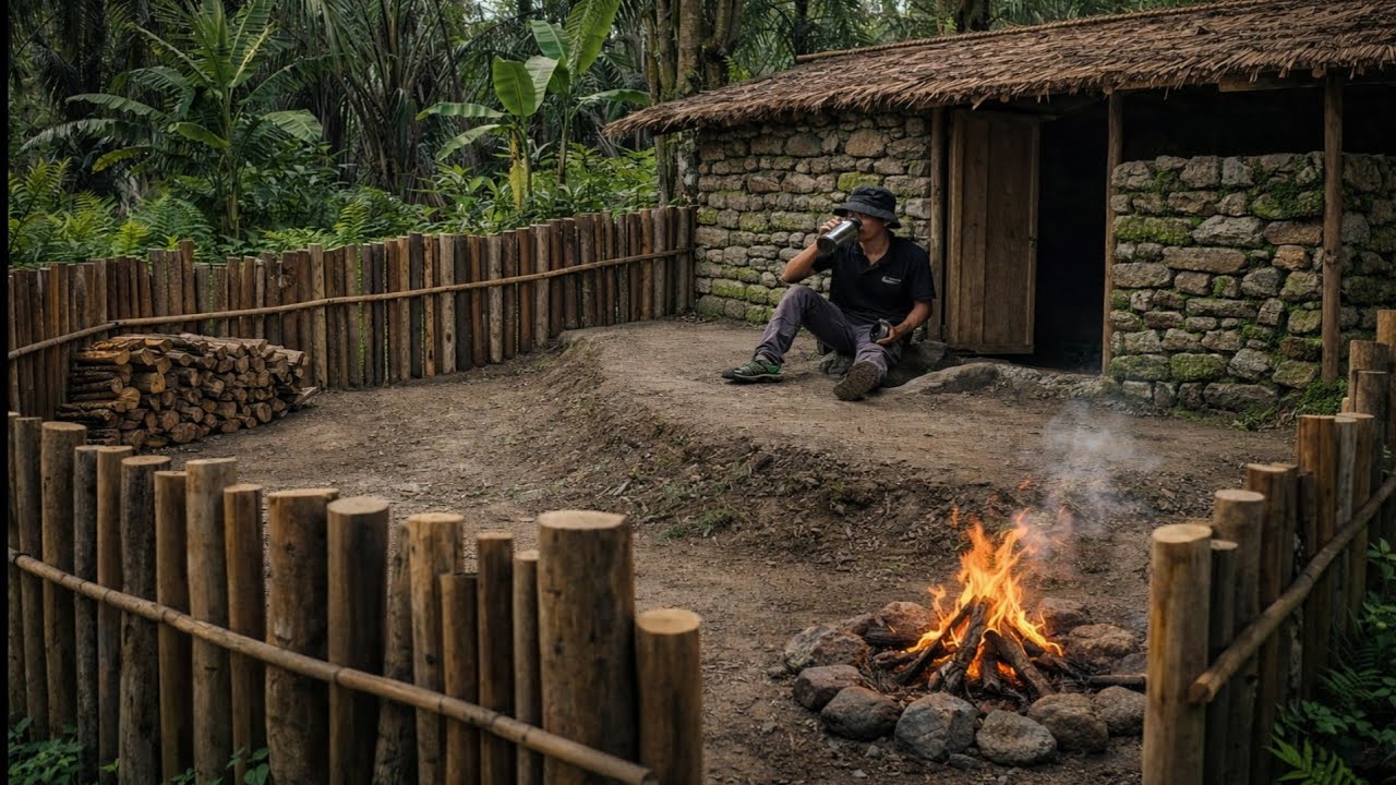 Diguyur hujan deras siang dan malam | camping di hutan membuat shelter bawah tanah yang hangat