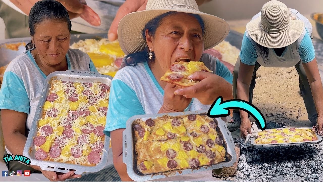 Preparando una pizza de piña queso y tocino en carbón para la familia