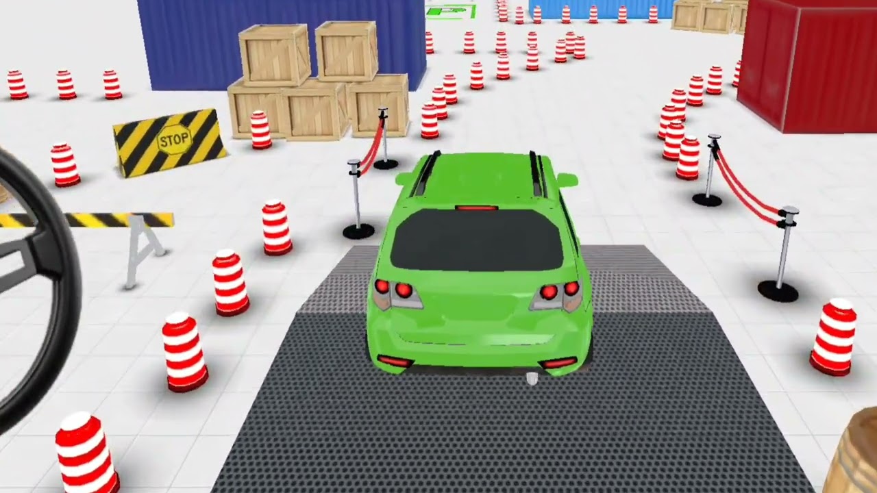 Green piygeot parking on a white floor 