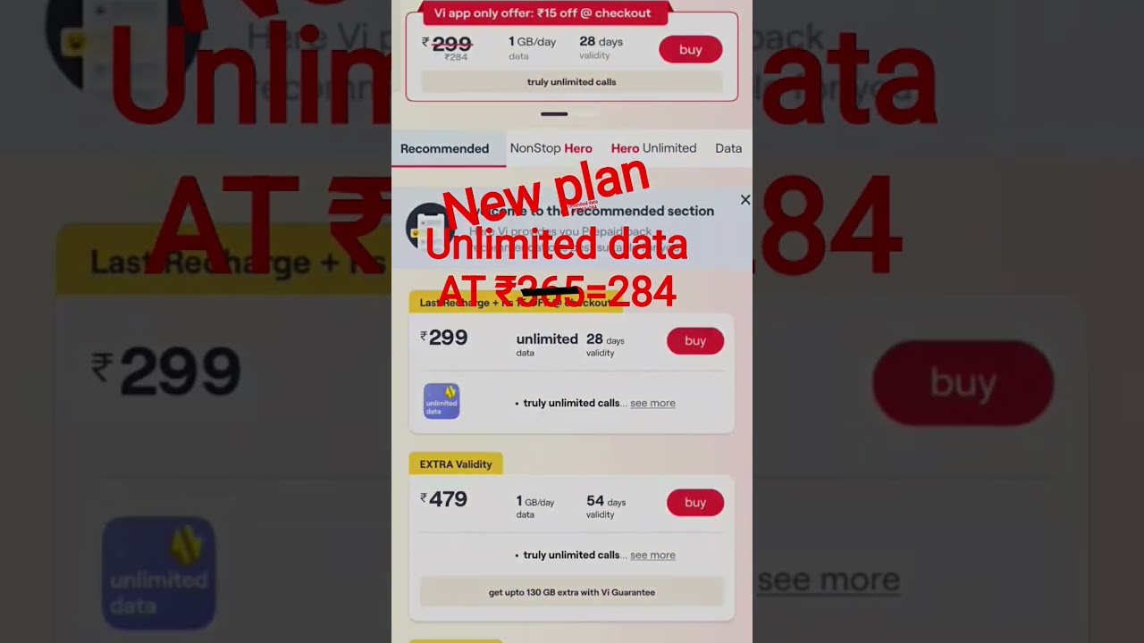 new update vi recharge unlimited data AT ₹ 365=284