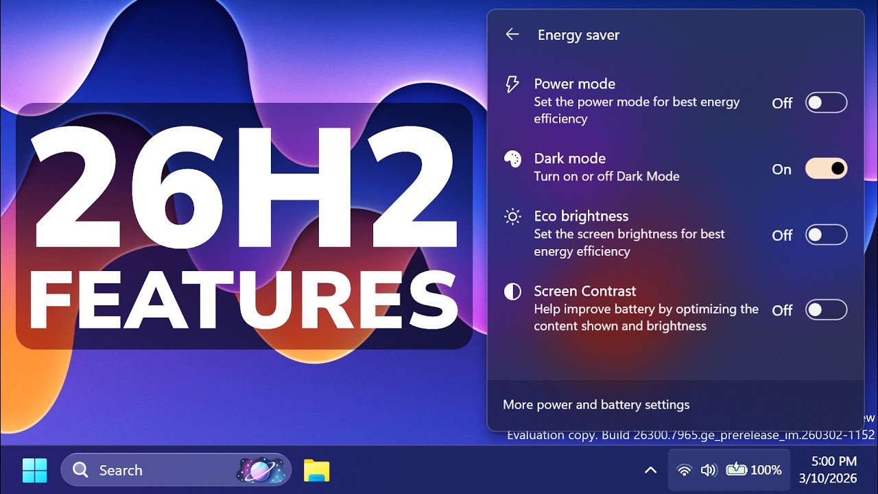 Включение новых быстрых параметров в Windows 11 26H2 (Dev)