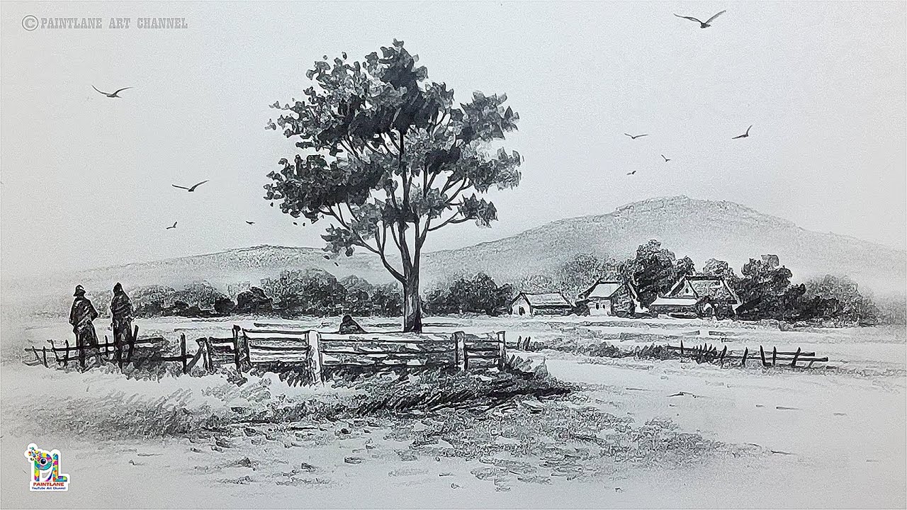How to draw Peaceful Village Landscape Drawing | Realistic Pencil Sketch Art