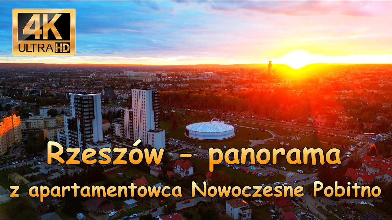 Rzeszów - jesienna panorama z apartamentowca Nowoczesne Pobitno o zachodzie słońca (dron 4K)