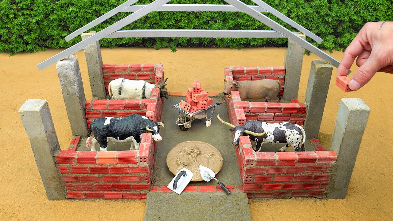 Lightning strike Cow shed on fire - diy mini Cow shed making with bricks science project and cement