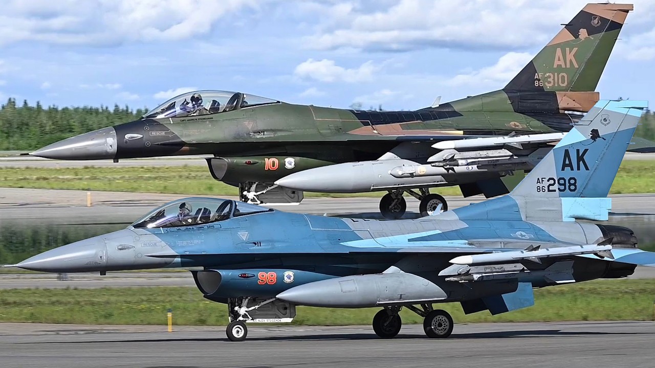 F-16 Fighting Falcon Fighter Jets from the Fighter Interceptor Squadron Take Off U.S. Air Force