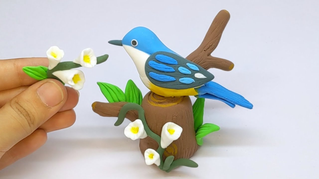 DIY How to make Polymer Clay miniature Cute Bird, Flowers ASMR