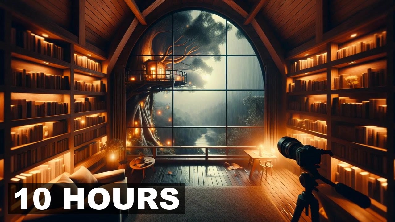 POV you're drifting off in a secluded treehouse library under a starry sky. - gentle breeze Ambience