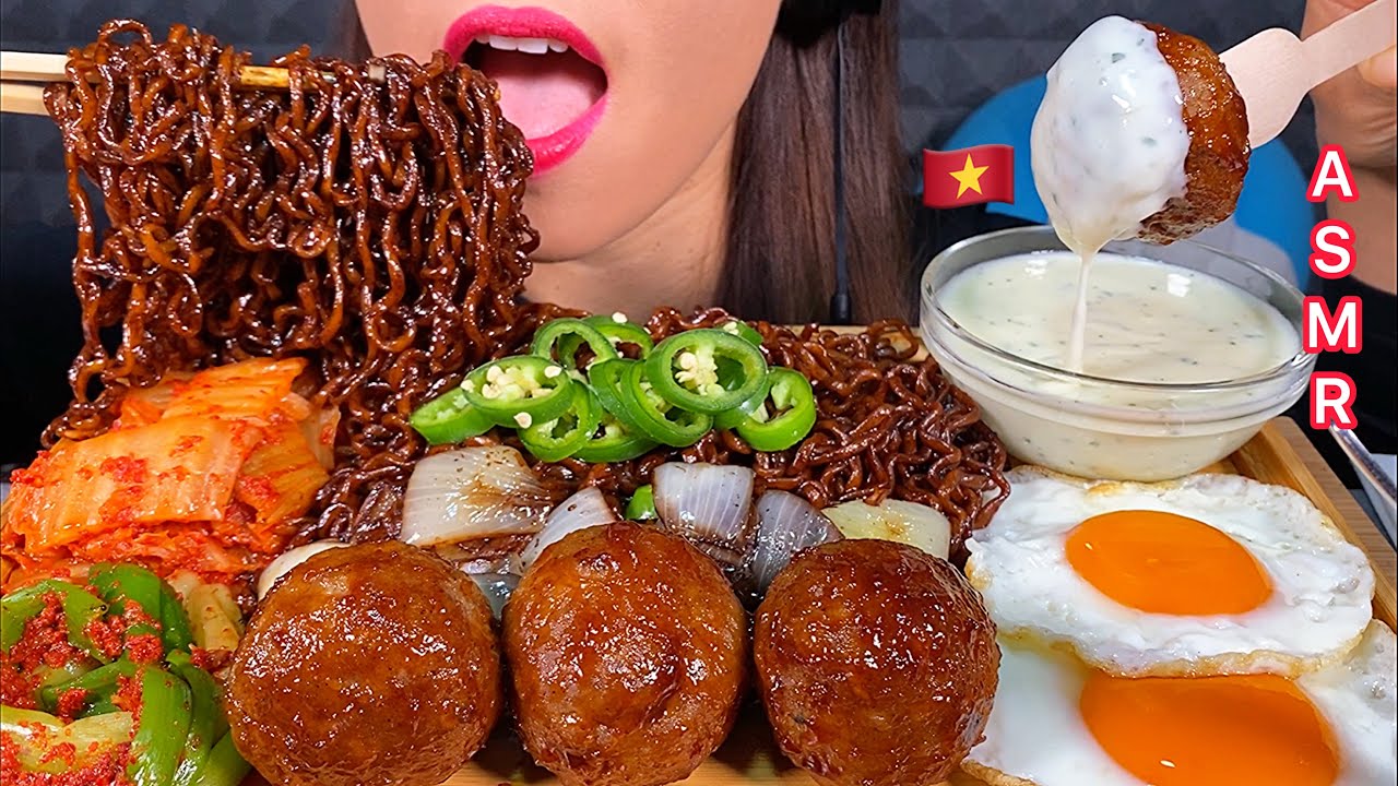 ASMR EATING BLACK BEAN NOODLES CHEESY BBQ MEATBALL FRIED EGG KIMCHI & CHILI 먹방 Real Sounds