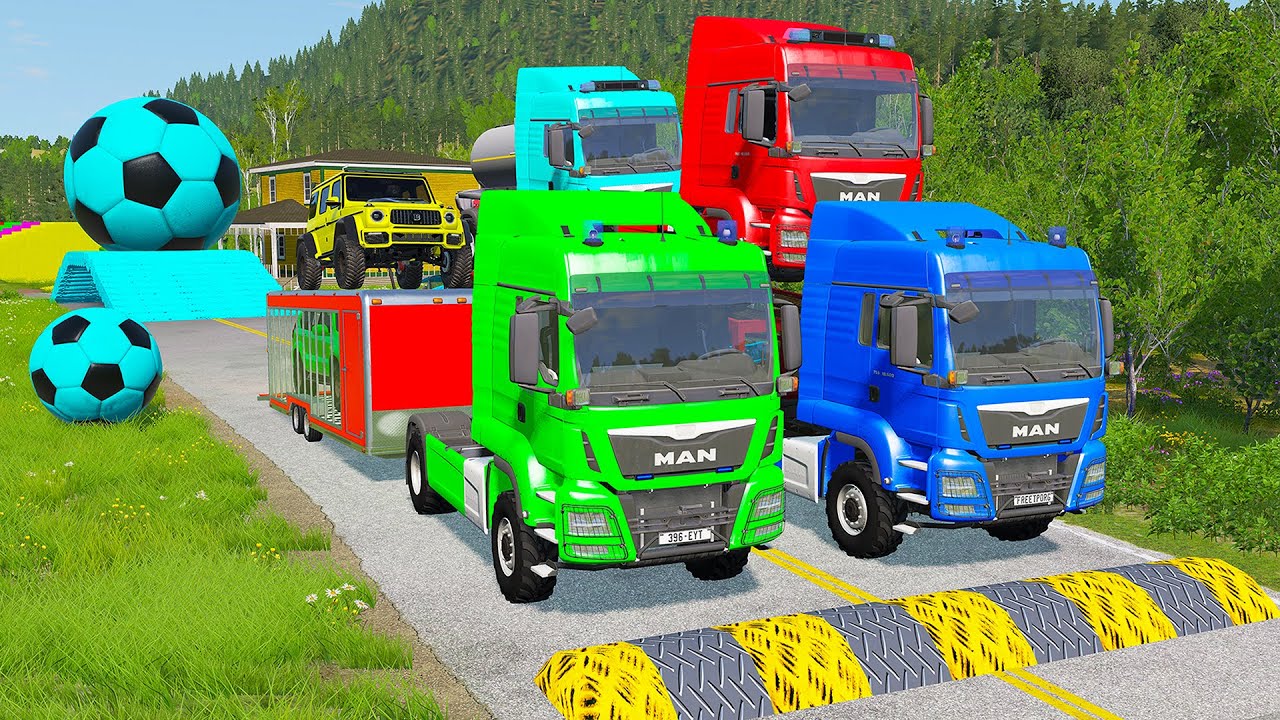 Double Flatbed Trailer Truck vs Speedbumps Train vs Cars | Tractor vs Train Beamng.Drive 076