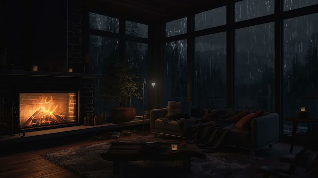 A Quiet Night of Heavy Rain and Warm Fireplace Glow Creating Calm for Deep Sleep