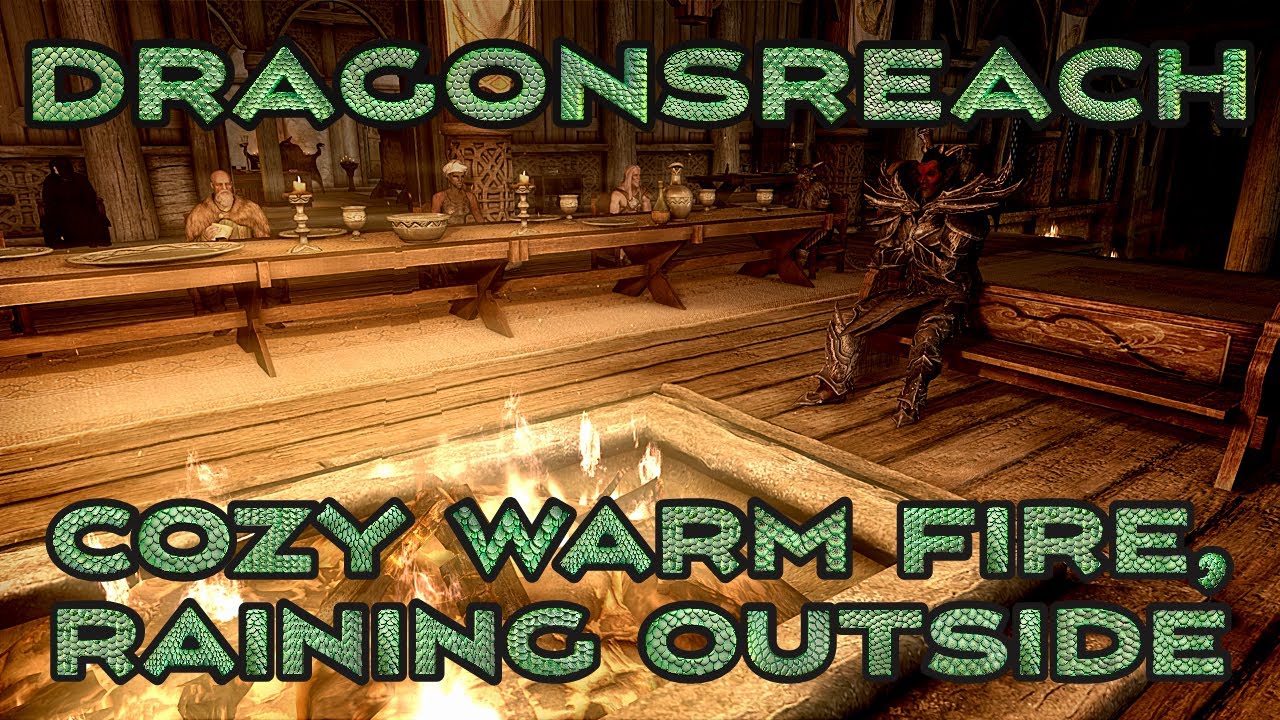 Skyrim - Dragonsreach Warm Cozy Atmosphere Raining Outside, Skyrim Rain Ambience For Sleep ASMR.