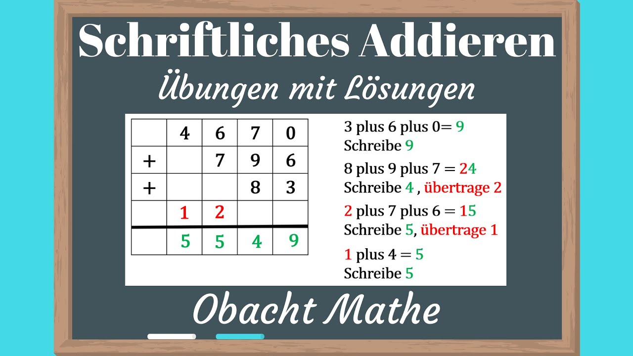 Schriftliches Addieren | Übungen mit Lösungen | ObachtMathe