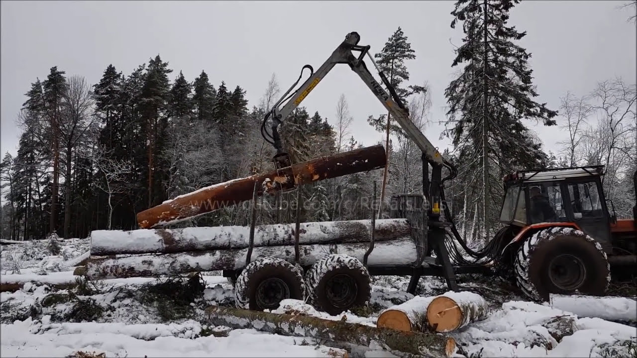MTZ 82.1+Kesla logging in winter forest