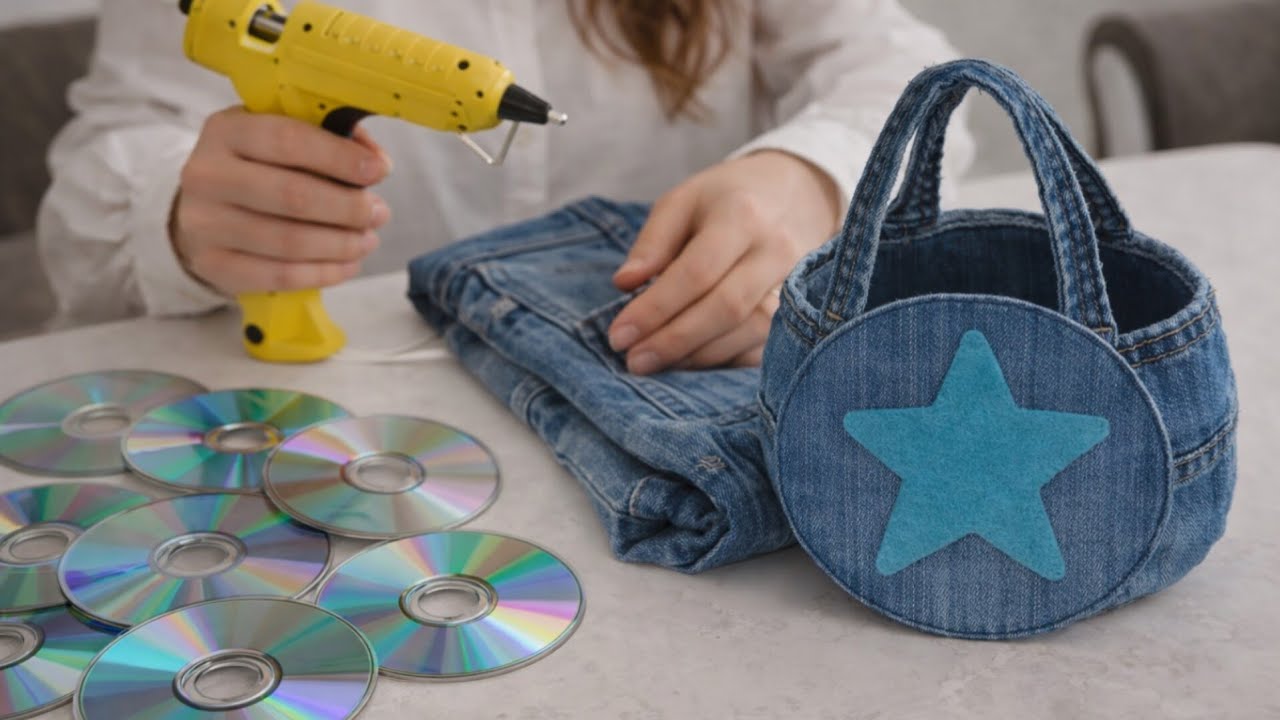 ♻️ Don’t Throw Away Old CDs! Turn Jeans & CDs into a Cute Organizer Basket 🧺✨