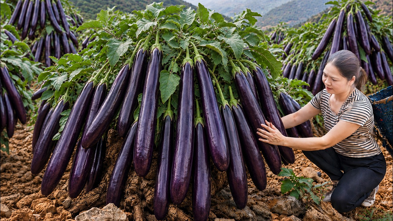 Harvesting Giant Purple Eggplant From Mountain Farm to Sell at Market | Fresh Vegetable Harvest