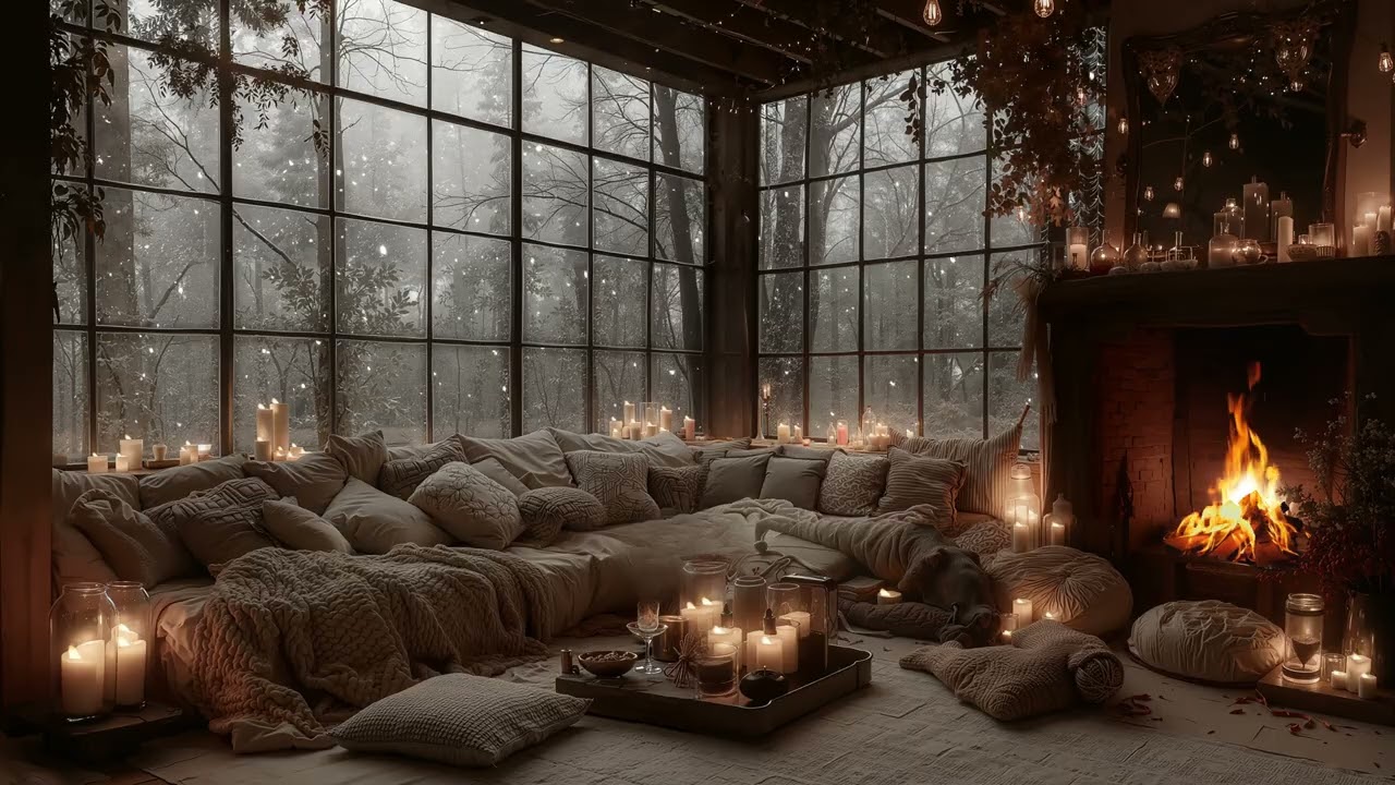 Peaceful Snowy Night Indoors ❄️ Soft Piano Music & Warm Fireplace Sounds for Deep Sleep